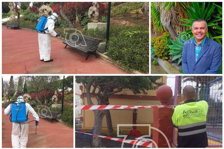 Operarios desinfectando y balizando las zonas verdes y parques infantiles (Foto TA)